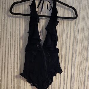 Black Ruffled Halter Bodysuit